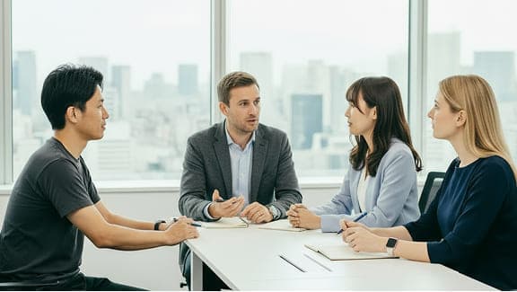 会議室で打ち合わせをする多様なビジネスチーム