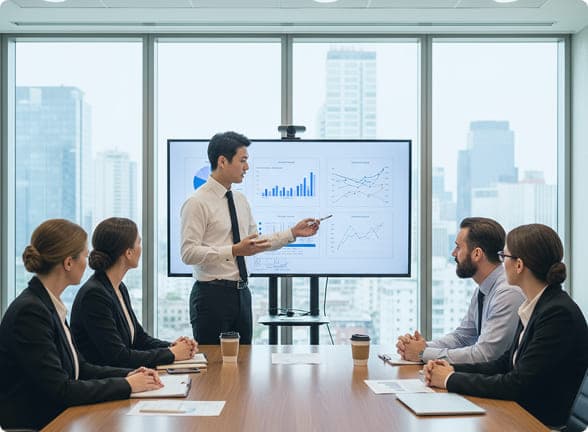 データを使ってプレゼンテーションをするビジネスマン