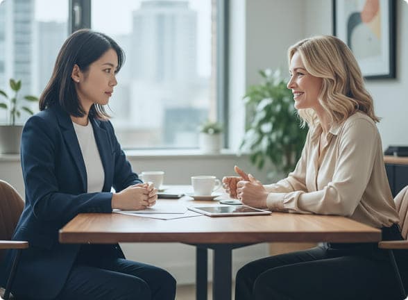 1対1で真剣に話し合う二人の女性ビジネスパーソン